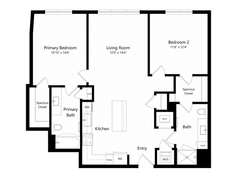 Floor plan for 2 beds, 2 baths, 1123 sqft